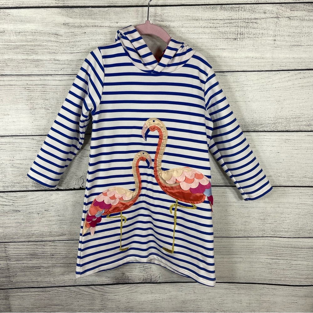 Girls Long Sleeve Striped Hooded Flamingo Applique Dress Sz 4-5